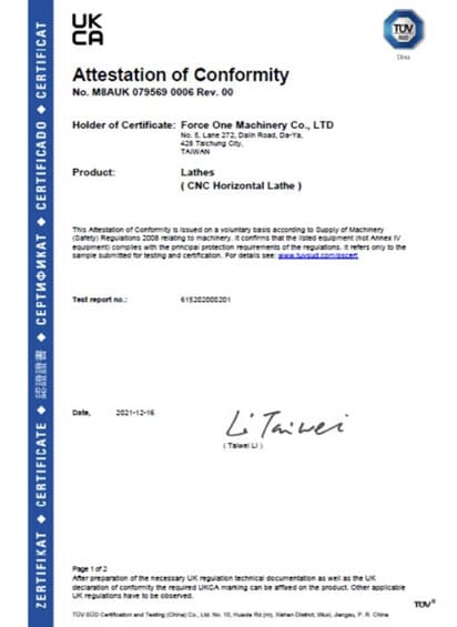 CE Certificate of CNC Lathe－Force One Machinery