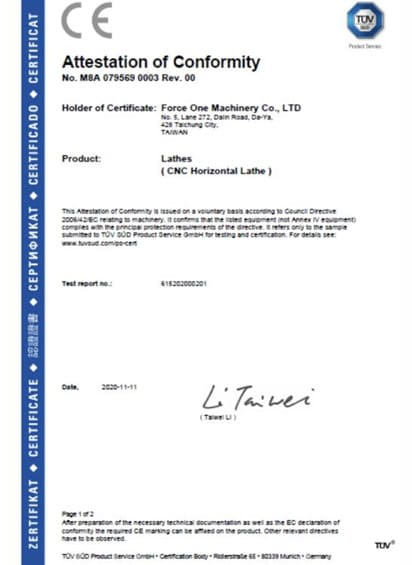 CE Certificate of CNC Horizontal Lathe－Force One Machinery
